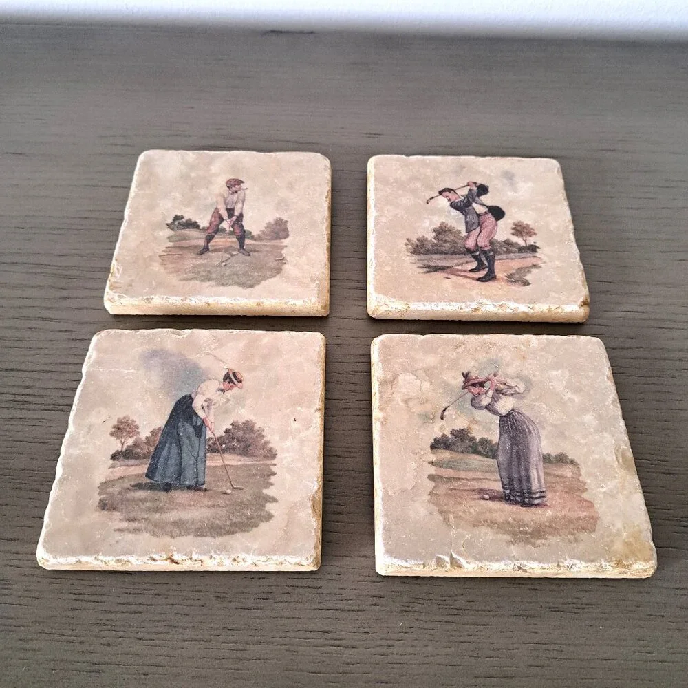 VTG Golf 19th-c Images Coaster Set Handcrafted Marble Giftware by Studio Vertu